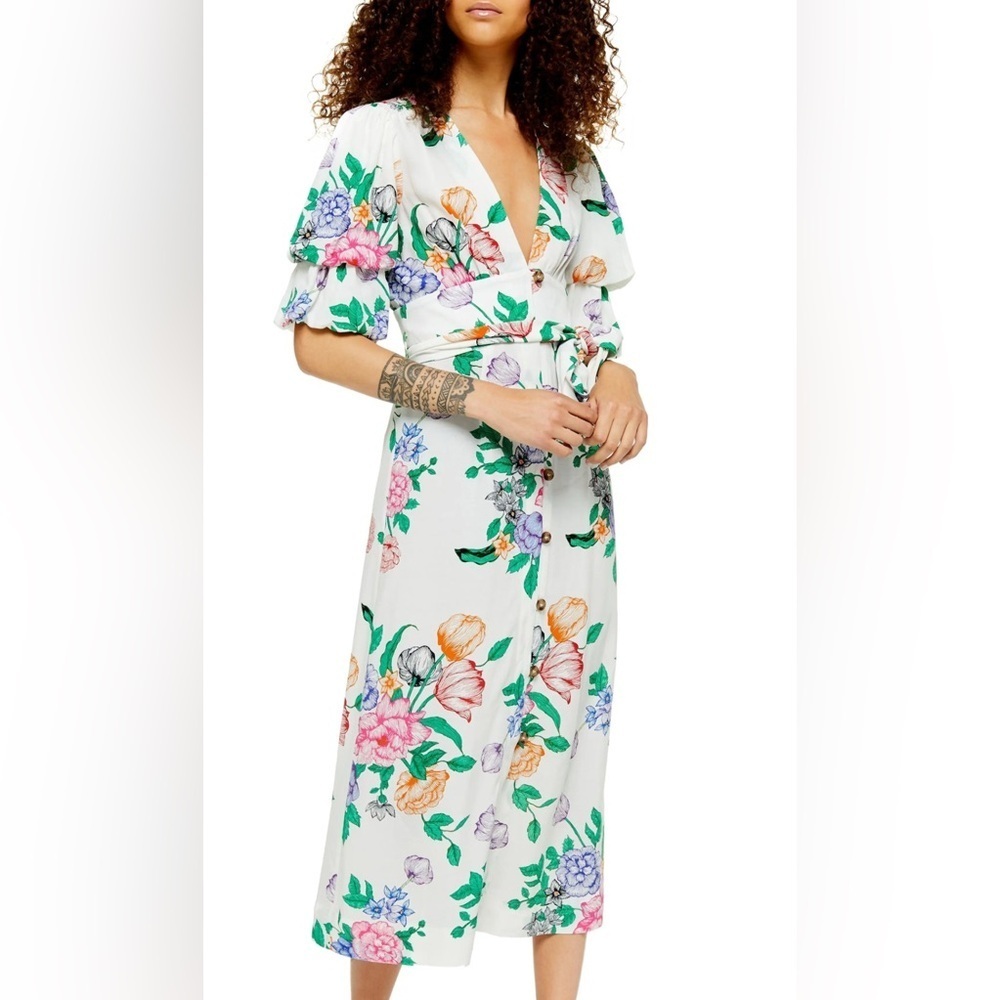 Puff sleeve floral midi button front cottagecore whimsical coquette girly dress